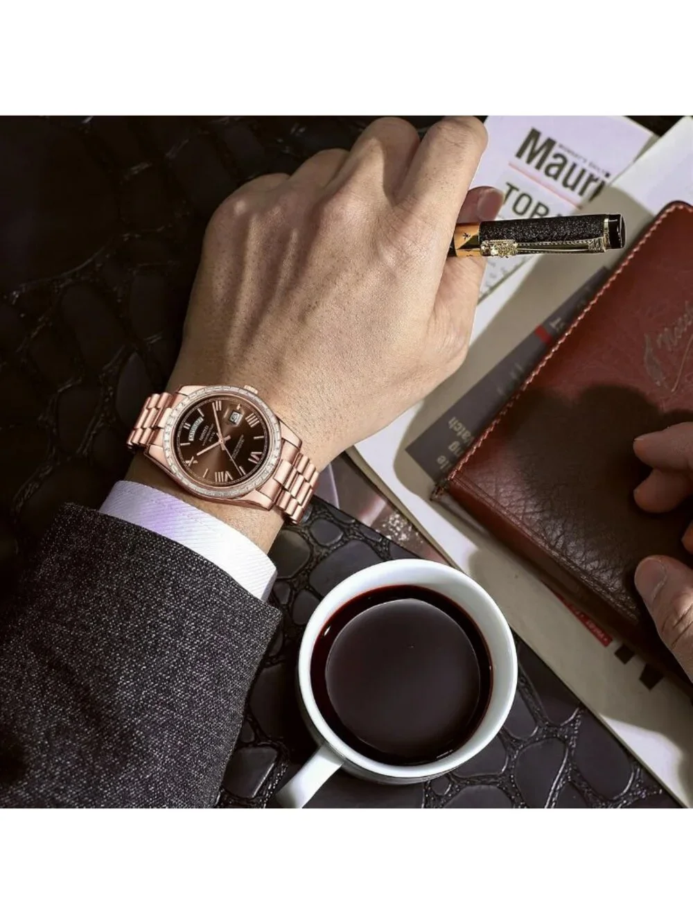 Luxury Men's Analog Quartz Watch, Rose Gold Stainless Steel, Waterproof, Brown